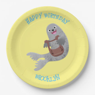 Happy schattige harp seal cartoon illustratie papieren bordje