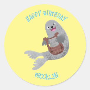 Happy schattige harp seal cartoon illustratie ronde sticker
