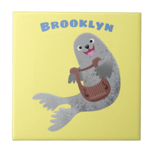 Happy schattige harp seal cartoon illustratie tegeltje