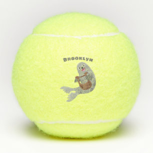 Happy schattige harp seal cartoon illustratie tennisballen