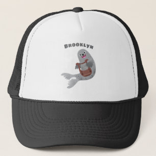 Happy schattige harp seal cartoon illustratie trucker pet