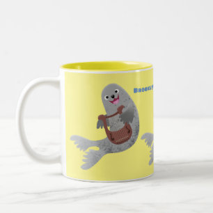 Happy schattige harp seal cartoon illustratie tweekleurige koffiemok