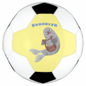 Happy schattige harp seal cartoon illustratie voetbal (Voorkant)