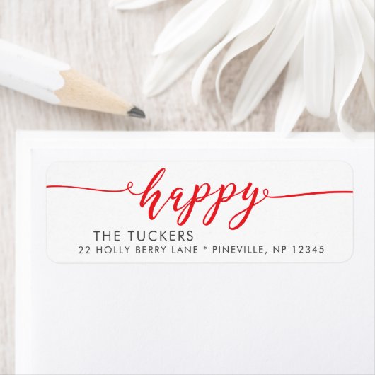 HAPPY Script Red Holiday Christmas Retouradres Etiket (Insitu)