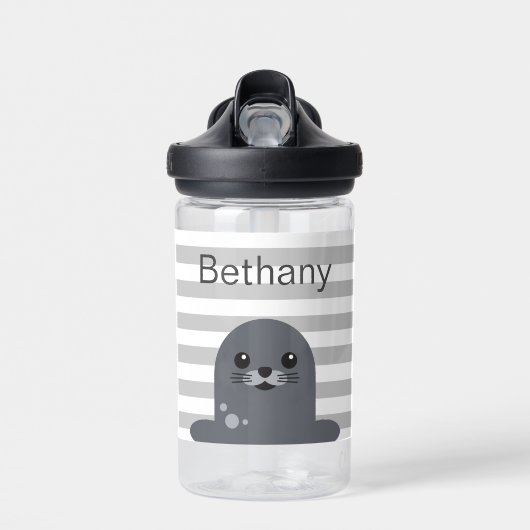 Happy Seal en Grey Stripes gepersonaliseerd Waterfles (Voorkant)