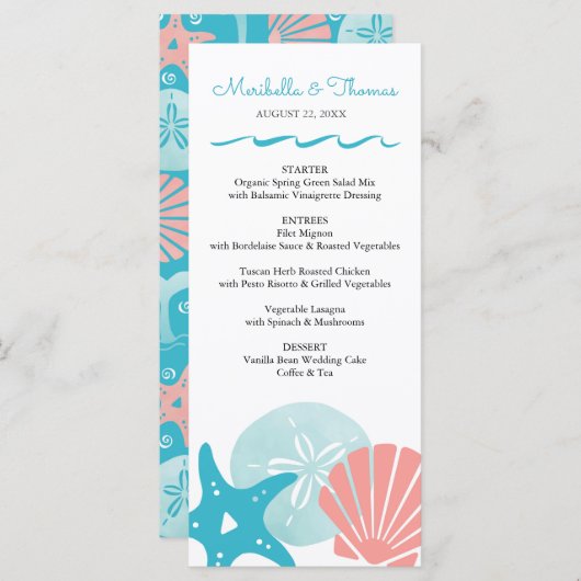 Happy Seashore | Tropical Beach Seashells bruiloft Menu (Voorkant / Achterkant)
