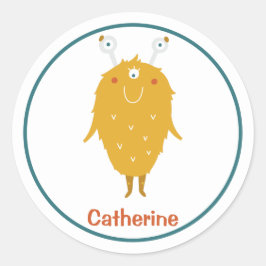 Happy shaggy oranje monster drie oogballen ronde sticker