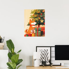 Happy Shiba Inu beside Christmas Tree and Gifts Poster