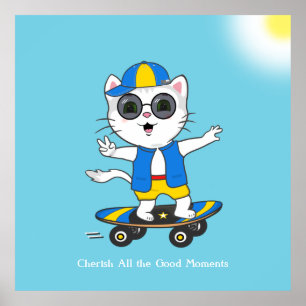 Happy Skater Cat gekleed in blauw en geel. Poster