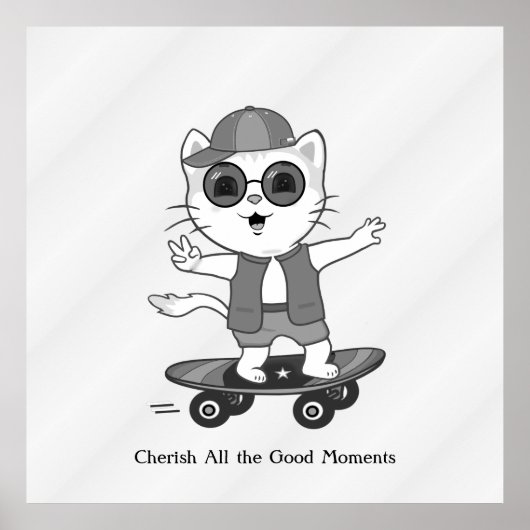 Happy Skater Cat op Silver Grey Shades Poster (Voorkant)