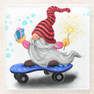 Happy Skater Gnome met Gift Glass Onderzetter