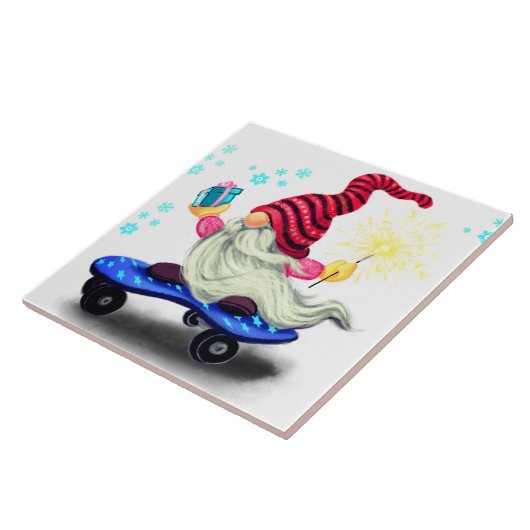 Happy Skater Gnome met Gifts en Sparkler - Fun Tegeltje (Zijkant)
