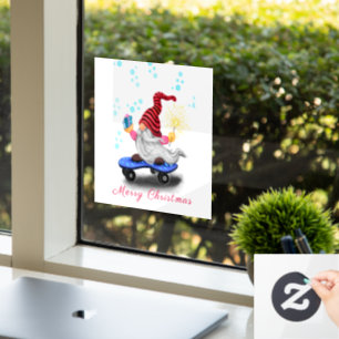 Happy Skater Gnome met Gifts en Sparkler - Grappig Raamsticker