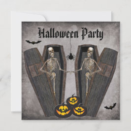 Happy Skeletten in Coffins Halloween Party Kaart