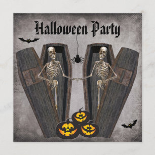 Happy Skeletten in Coffins Halloween Party Kaart
