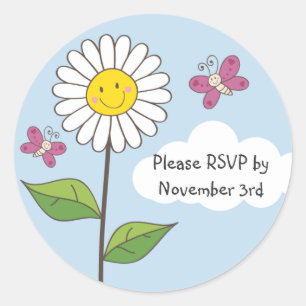 Happy Smiling Daisy & Butterflies RSVP-stickers Ronde Sticker