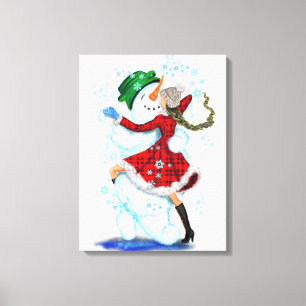 Happy Snowman en Girl Dance Tango Kerstfeest Canvas Afdruk