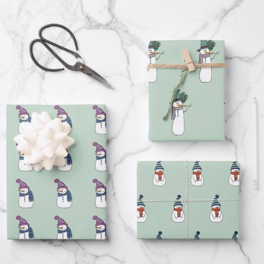 Happy Snowman in Mint Wrapping Paper set van 3 (Voorkant)
