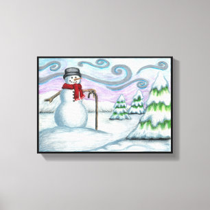 Happy Snowman Winter Wonderland Wrapped Canvas Afdruk