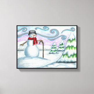 Happy Snowman Winter Wonderland Wrapped Canvas Afdruk