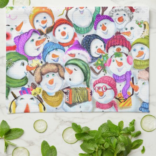 Happy Snowmans-kerstfeest keukenhanddoek (Gevouwen)