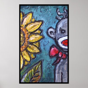 HAPPY Sock Monkey en Sunflower Poster