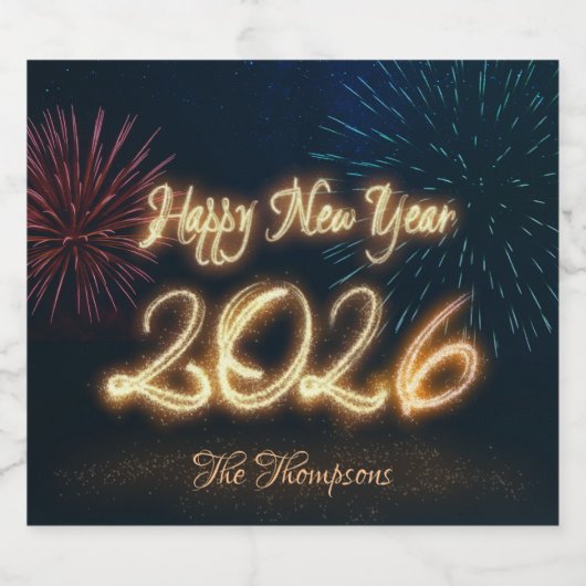 Happy Sparkling New Year 2026 Fireworks Sparkling Wijnetiket (Enkel label)