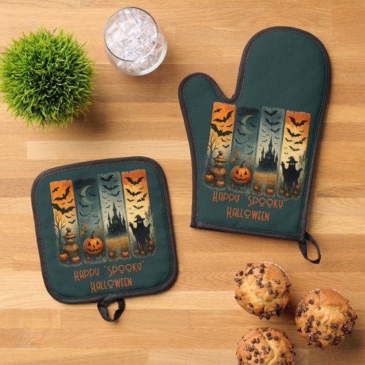 Happy "Spooky" Halloween Pumpkin Scarecrow Bats Ovenwant & Pannenlap Set (Top down)