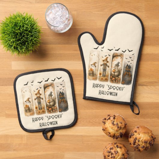 Happy "Spooky" Halloween Pumpkins Scarecrow Ghost Ovenwant & Pannenlap Set (Top down)