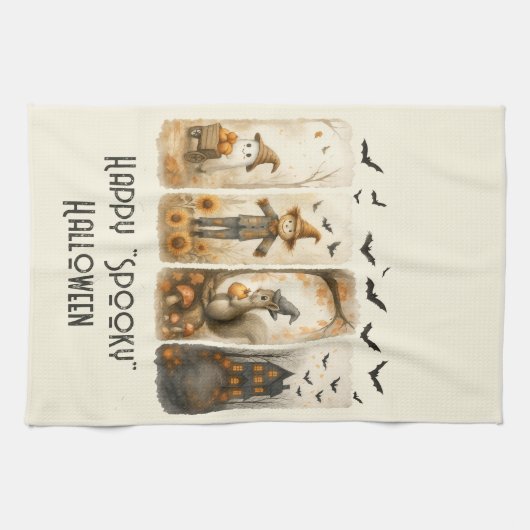 Happy "Spooky" Halloween Scarecrow Eekhoorn Huis Theedoek (Horizontaal)