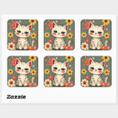Happy Spotted Kitty with Flowers Vierkante Sticker (Vel)