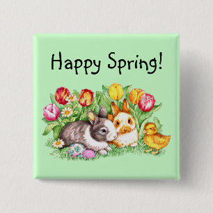 Happy Spring Bunny Chick Tulip Pin - Sjabloon Vierkante Button 5,1 Cm