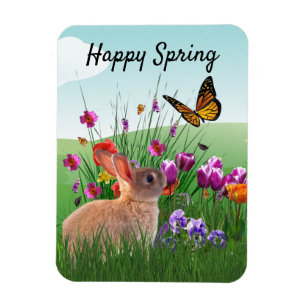 Happy Spring Bunny Rabbit in Flower Garden Magneet