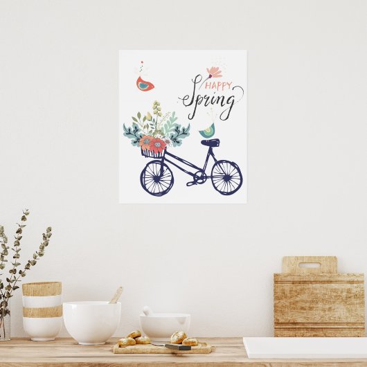 Happy spring-design: fiets, bloemen en vogels poster (Keuken)