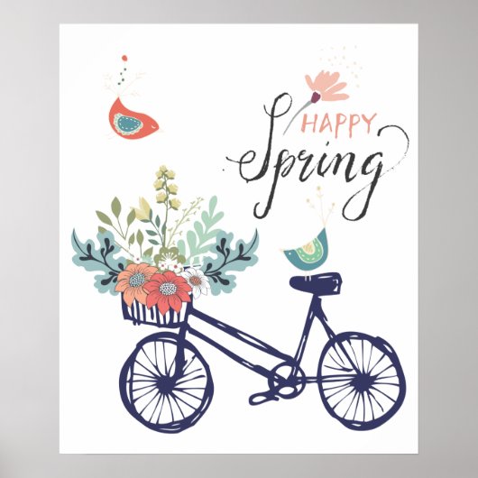 Happy spring-design: fiets, bloemen en vogels poster (Voorkant)