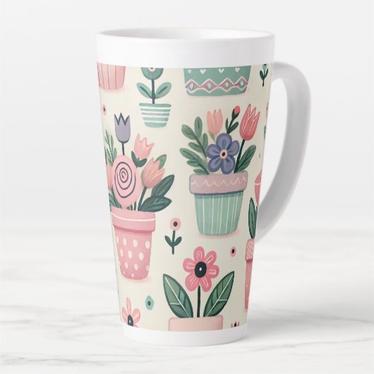 Happy Spring Flower Pot Print Design Latte Mok (Rechterhoek)