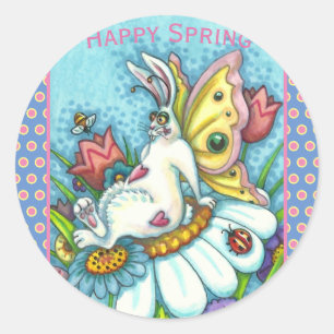 HAPPY SPRING FLUTTERBUN RABBIT, FUNNY BUNNY FAIRY RONDE STICKER