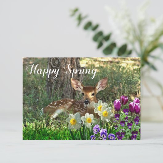 Happy Spring L Deer en Tulips Flat Kaart (Staand voorkant)