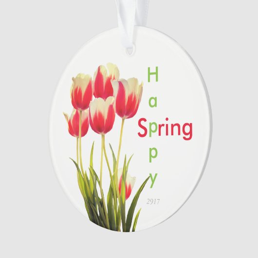 Happy Spring Red Tulips met Date Keepomwille Ornament (voorkant)