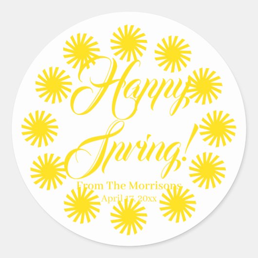 Happy Spring yellow sun aangepaste script vrolijk  Ronde Sticker (Voorkant)