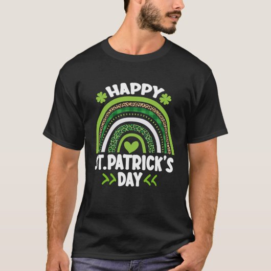 Happy St Patrick s Day Leopard Print Rainbow Shamr T-shirt (Voorkant)