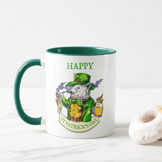Happy St. Patrick's Day Beer Irish Cat Funny Coffe Mok (Met donut)