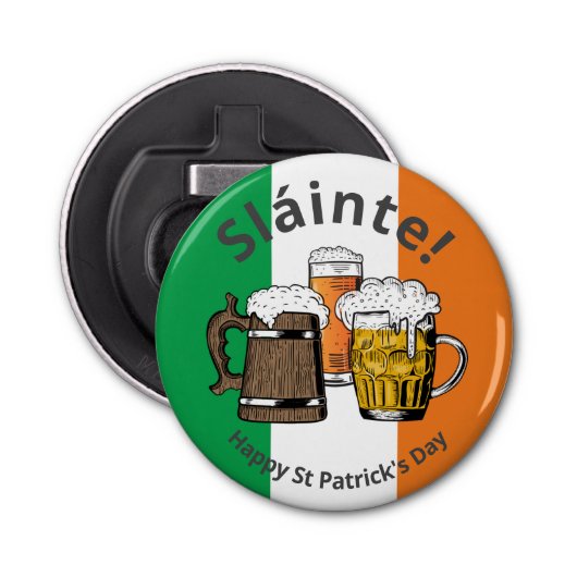 HAPPY ST PATRICKS DAY Beers Sláinte Button Flesopener (Voorkant)