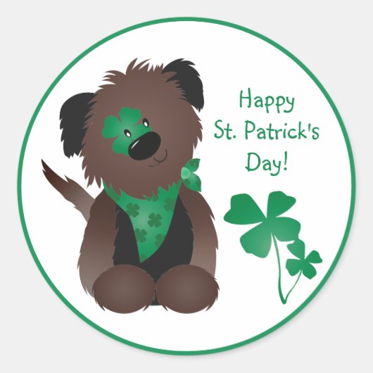 Happy St Patricks Day Dog Vier Leaf Clover Green Ronde Sticker (Voorkant)