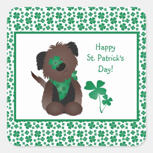 Happy St Patricks Day Dog Vier Leaf Clover Green Vierkante Sticker (Voorkant)