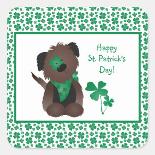 Happy St Patricks Day Dog Vier Leaf Clover Green Vierkante Sticker