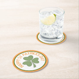Happy St Patrick's Day Green Gingham Shamrock Ronde Kartonnen Onderzetter