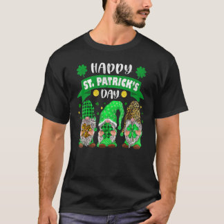 Happy St Patricks Day Three Gnome Shamrock Leopard T-shirt