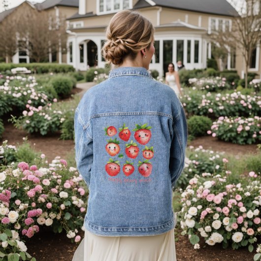 Happy Strawberry Denim Jasje voor Dames Denim Jacket (Huwelijk Achterkant)