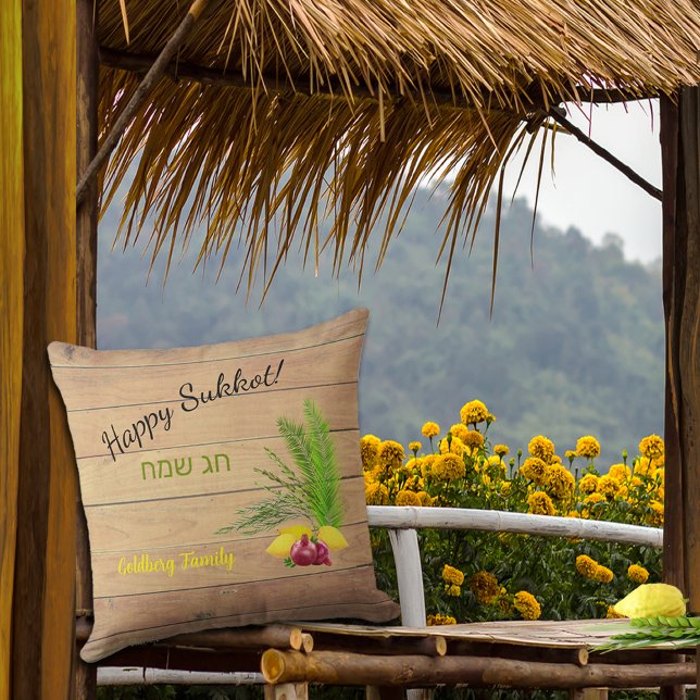 Happy Sukkot Etrog Lulav Rustic Wood Kussen (Creator heeft geüpload)